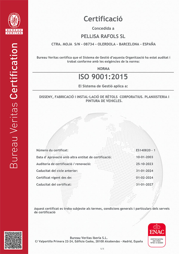 ISO 9001:2015 Pellisa Ràfols